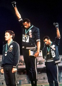 During the Mexico Olympics of 1968, two Black American athletes, Tommie Smith and John Carlos, gave the clenched fist, Black Power salute during the medals ceremony.